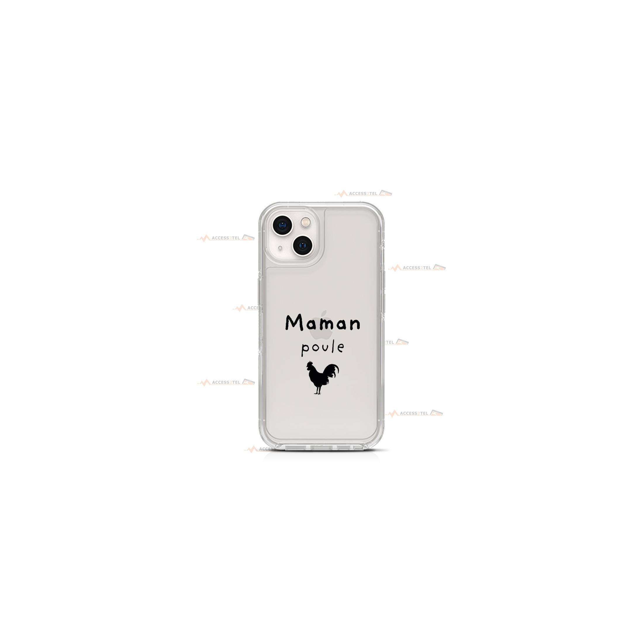 coque de téléphone transparente avec une poule et le texte "maman poule"