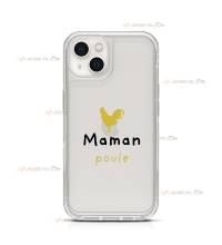 coque de téléphone transparente avec une poule dorée et le texte "maman poule"