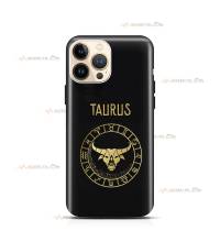 coque de téléphone noire avec le symbole doré du signe taureau et son nom latin taurus