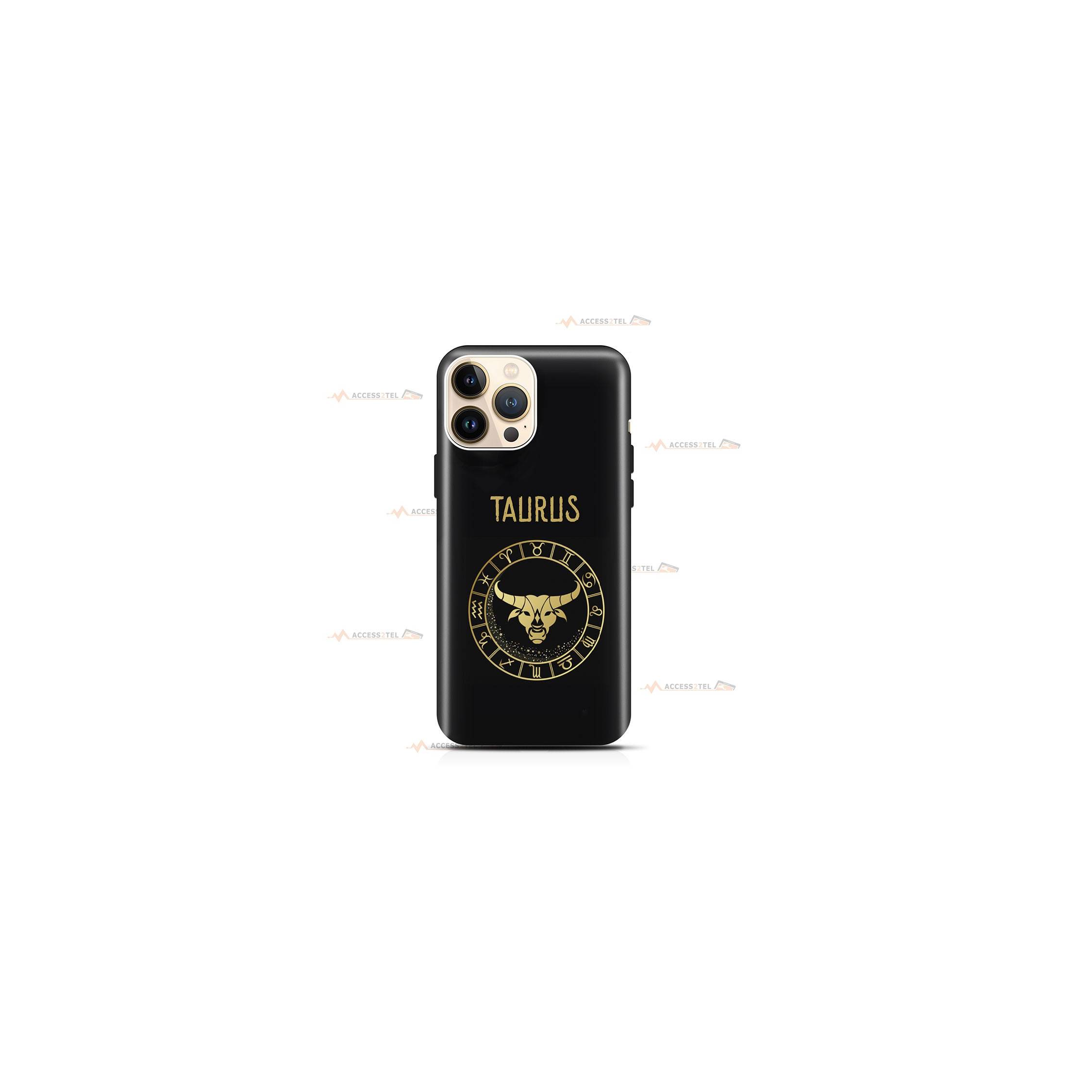 coque de téléphone noire avec le symbole doré du signe taureau et son nom latin taurus