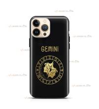 coque de téléphone noire avec le symbole doré du signe gémeaux et son nom latin gemini