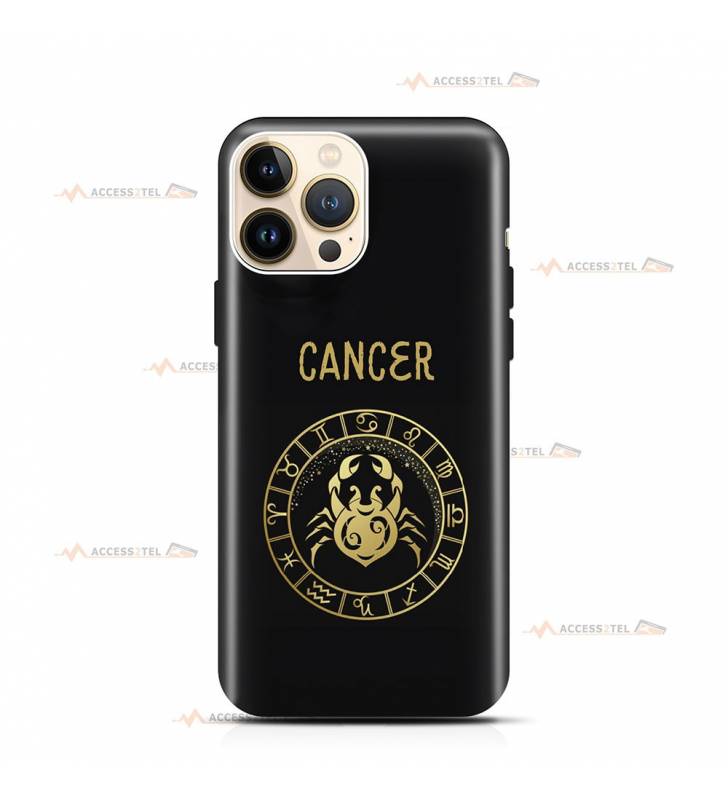 coque de téléphone noire avec le symbole doré du signe cancer et son nom latin cancer