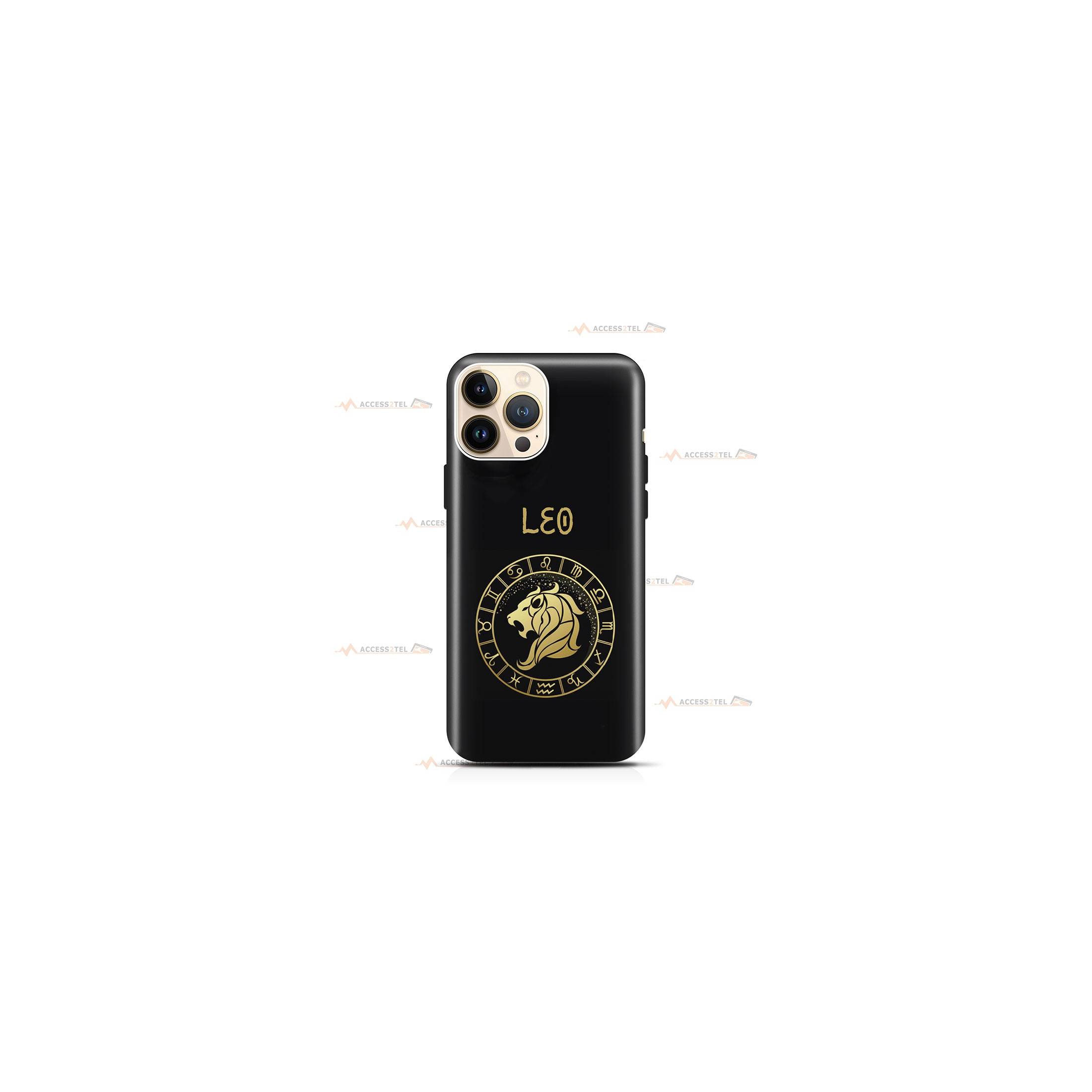 coque de téléphone noire avec le symbole doré du signe lion et son nom latin leo