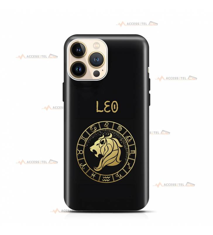 coque de téléphone noire avec le symbole doré du signe lion et son nom latin leo