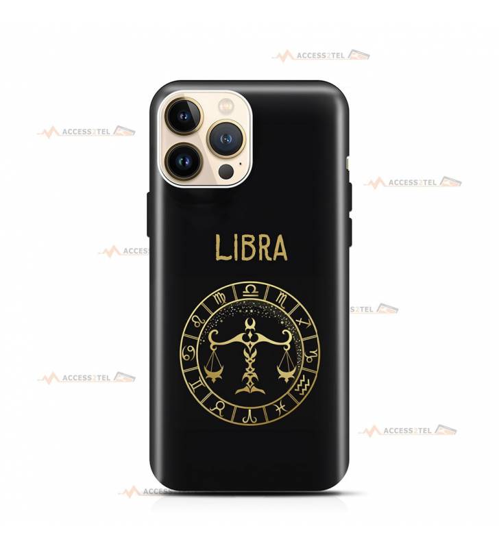 coque de téléphone noire avec le symbole doré du signe balance et son nom latin libra