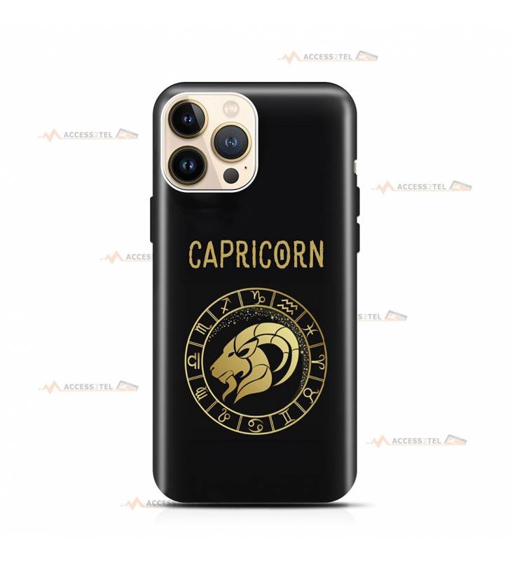 coque de téléphone noire avec le symbole doré du signe capricorne et son nom latin capricorn