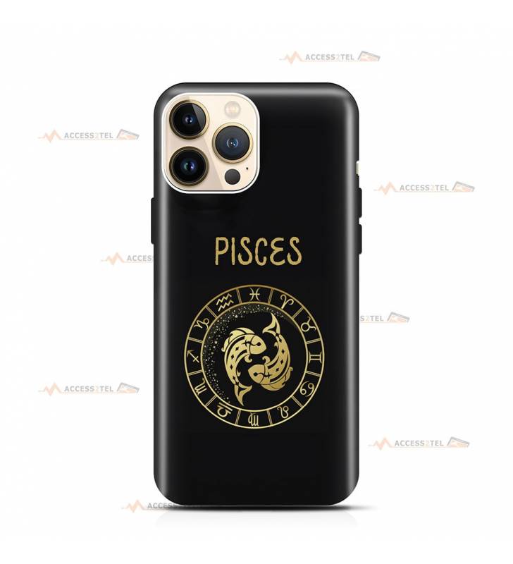 coque de téléphone noire avec le symbole doré du signe poissons et son nom latin pisces