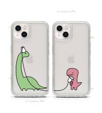 coque de téléphone avec un diplodocus vert et un petit dinosaure rose qui communiquent par gobelet