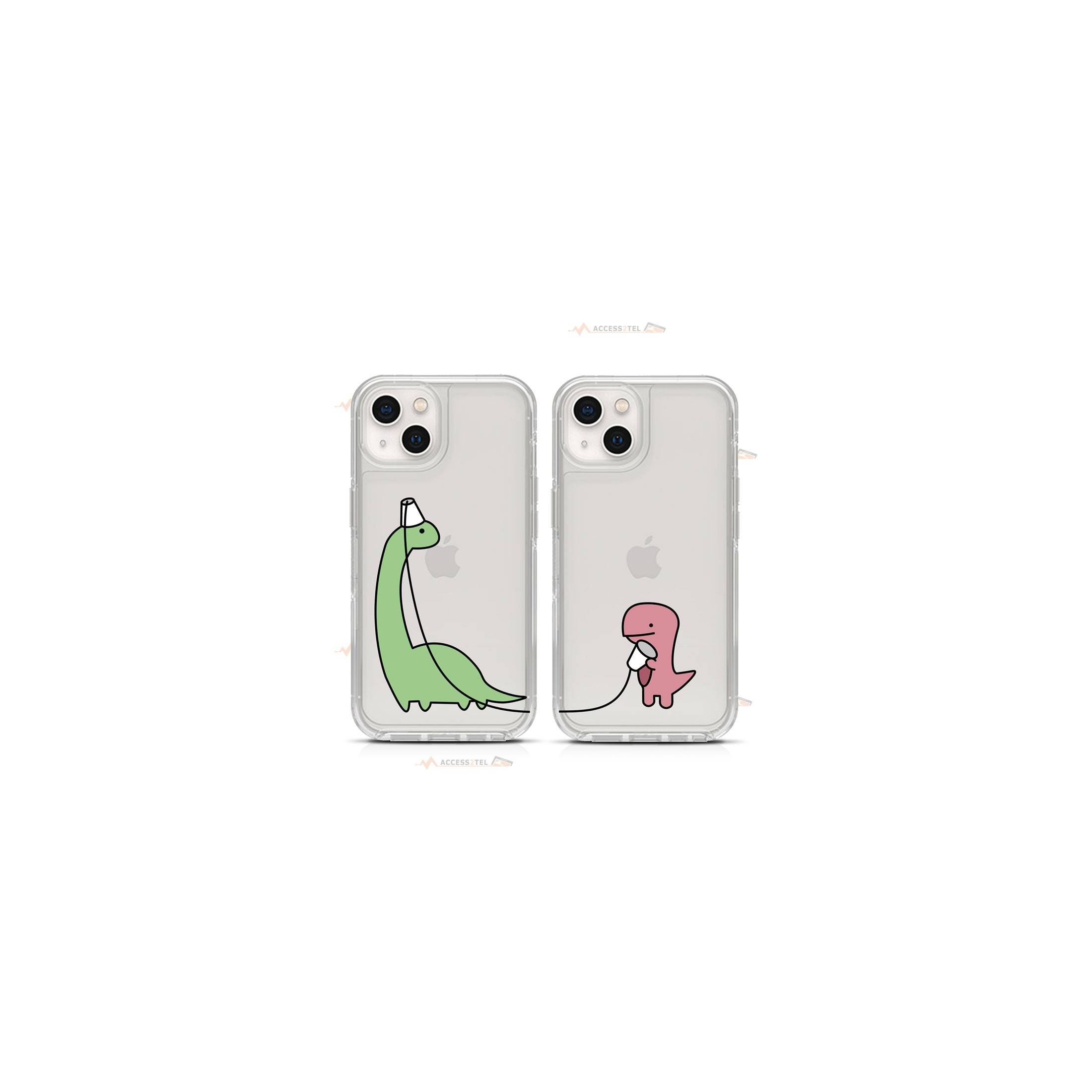 coque de téléphone avec un diplodocus vert et un petit dinosaure rose qui communiquent par gobelet