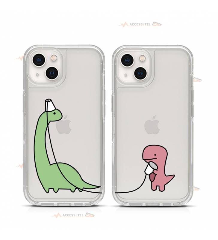 coque de téléphone avec un diplodocus vert et un petit dinosaure rose qui communiquent par gobelet