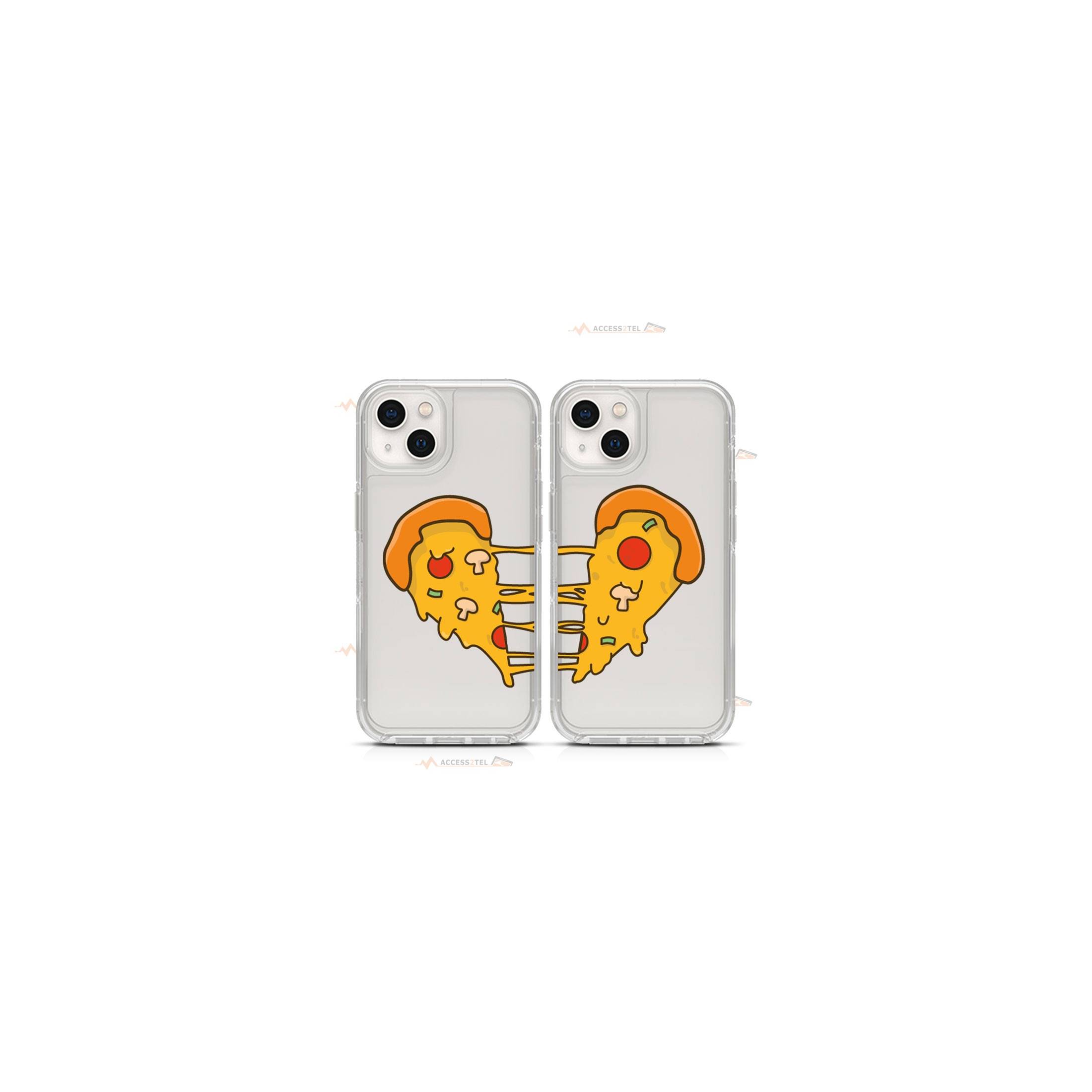 coque de téléphone transparente avec une illustration de pizza au fromage collant qui s'assemble