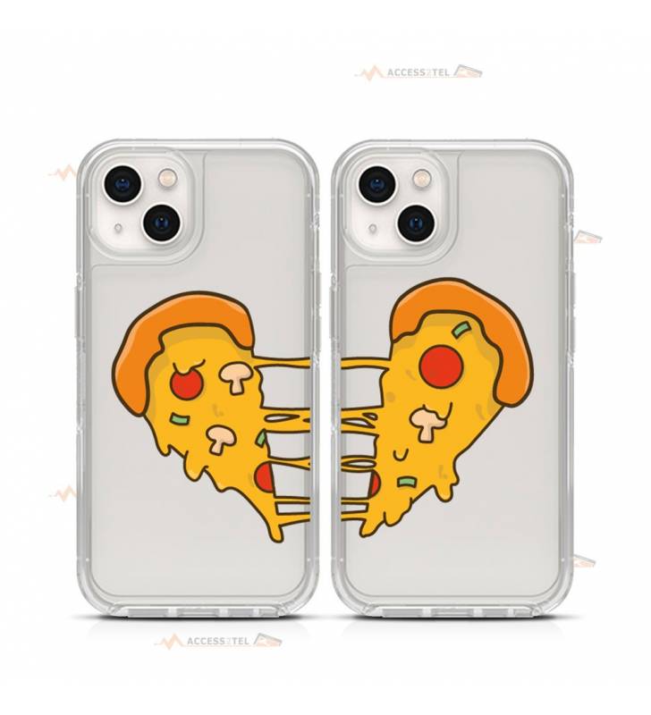 coque de téléphone transparente avec une illustration de pizza au fromage collant qui s'assemble