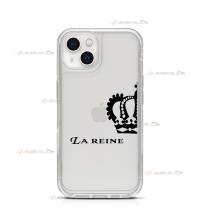 coque de téléphone transparente avec une moitié de couronne et le texte "la reine"