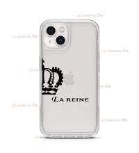 coque de téléphone transparente avec une moitié de couronne et le texte "la reine"