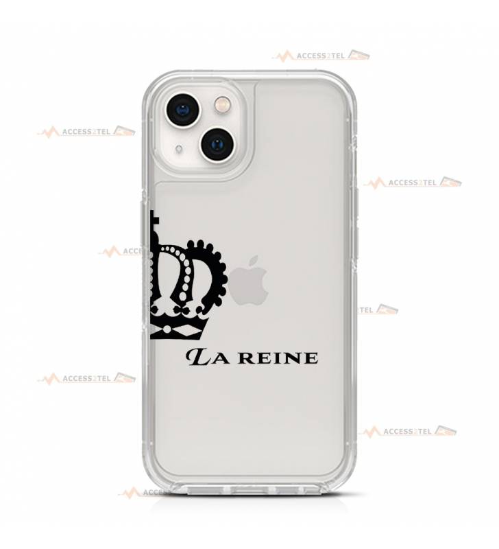 coque de téléphone transparente avec une moitié de couronne et le texte "la reine"