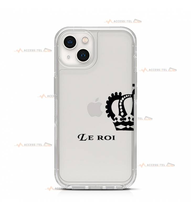 coque de téléphone transparente avec une moitié de couronne et le texte "le roi"