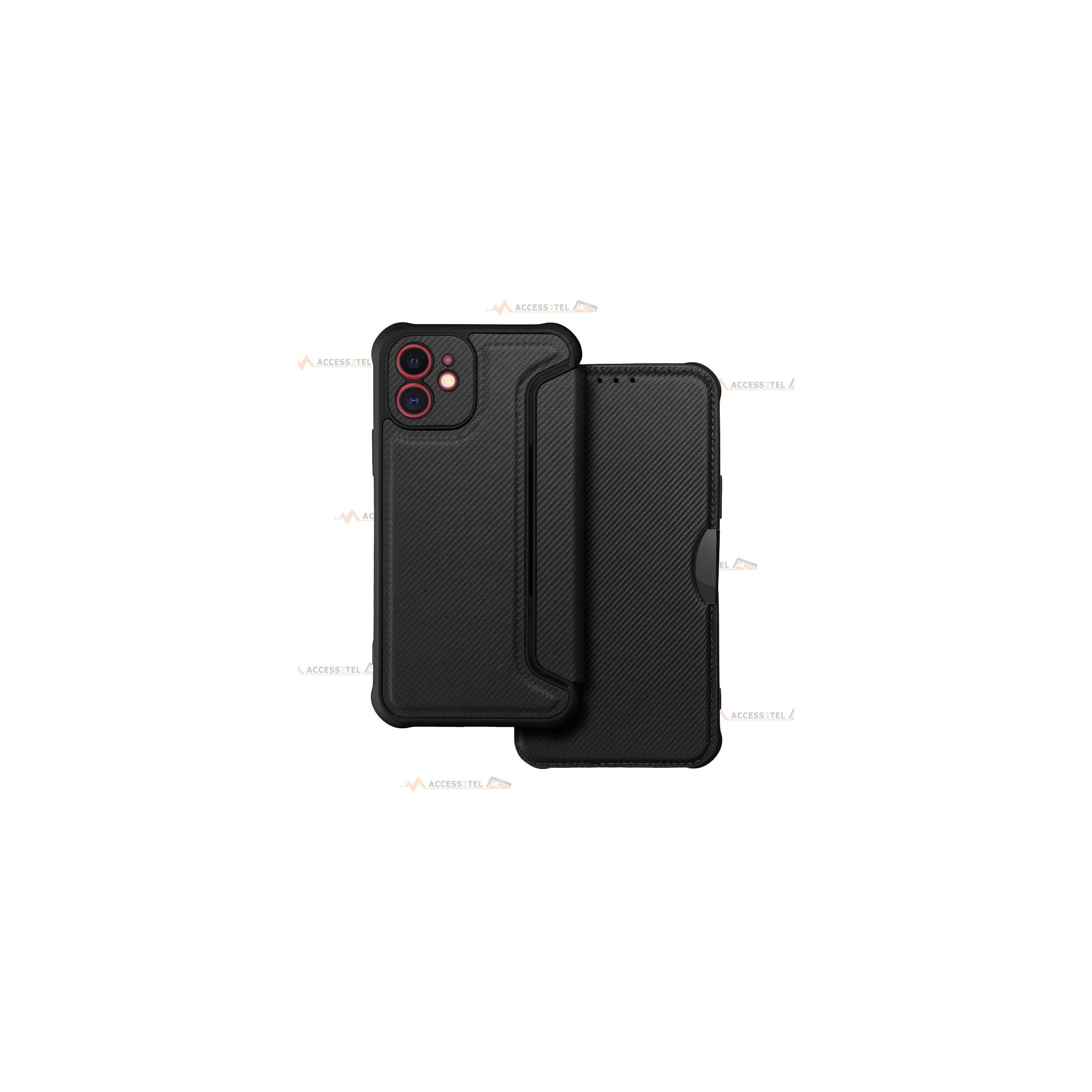 étui renforcé pour iPhone 12 simili cuir effet carbone noir caméra