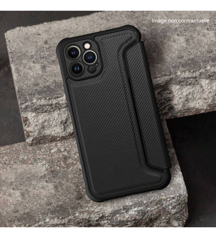 étui renforcé pour iPhone 12 simili cuir effet carbone noir béton