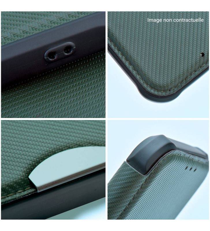 étui renforcé pour iPhone 12 simili cuir effet carbone vert kaki détails coque