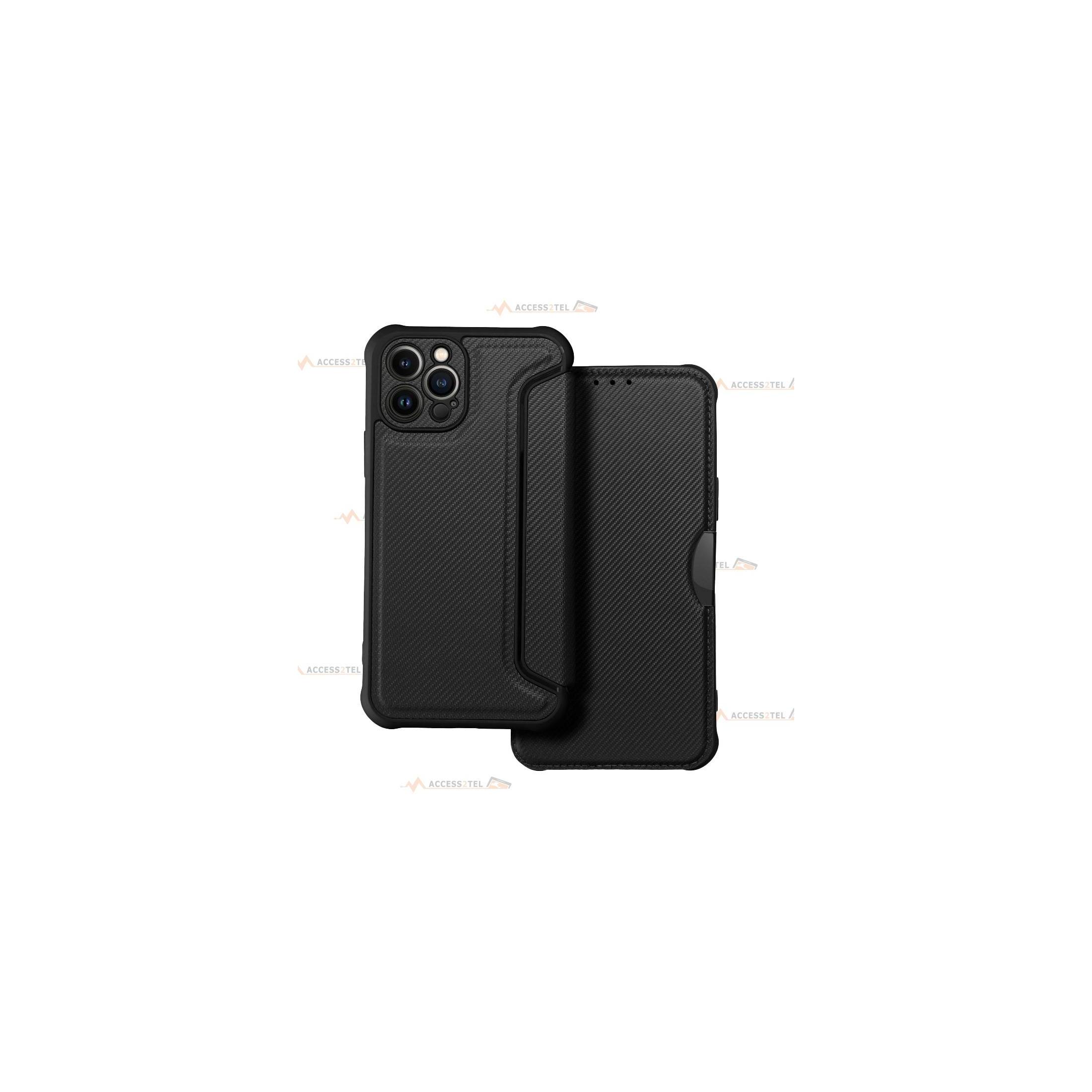 étui renforcé pour iPhone 12 Pro simili cuir effet carbone noir caméra