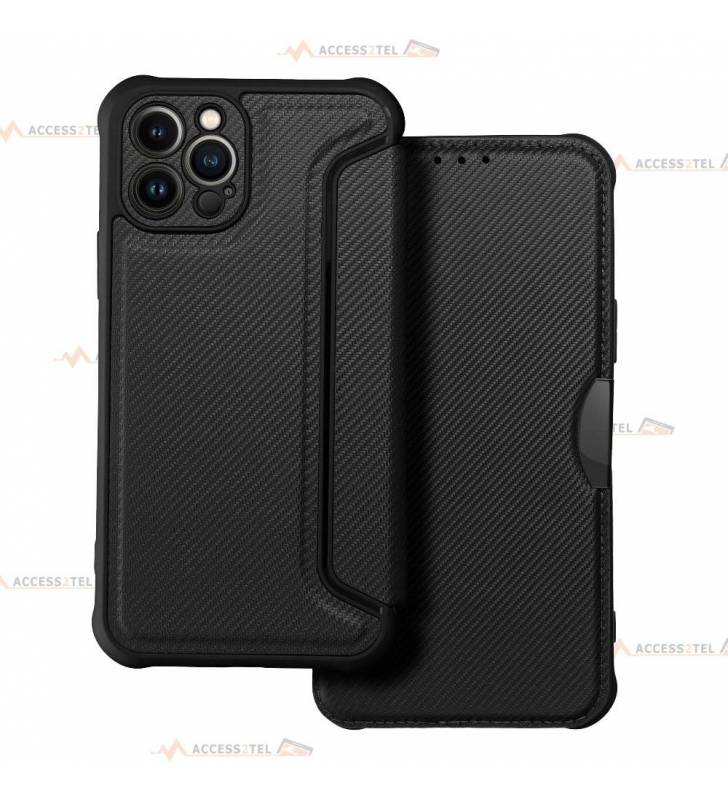 étui renforcé pour iPhone 12 Pro simili cuir effet carbone noir caméra