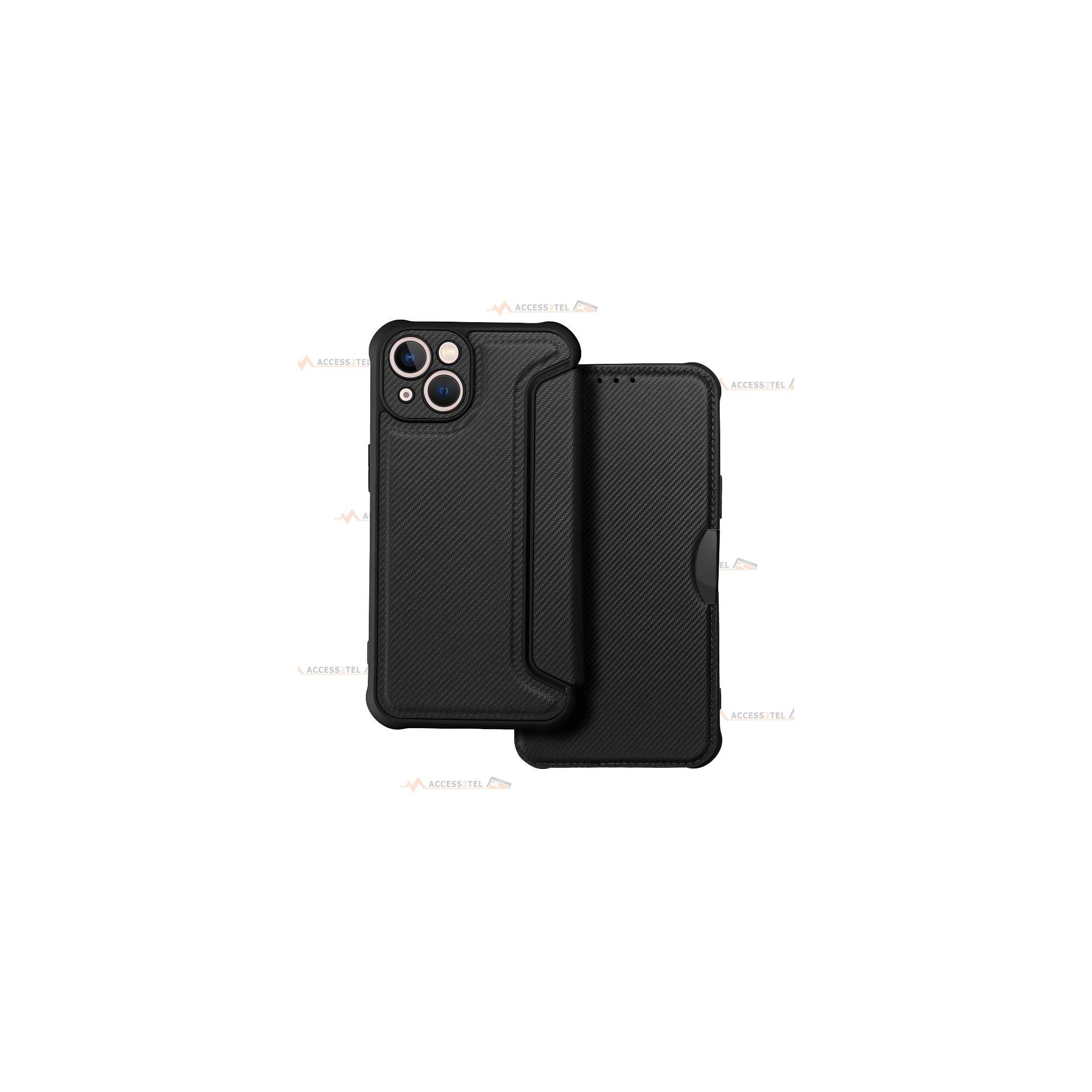 étui renforcé pour iPhone 13 simili cuir effet carbone noir caméra