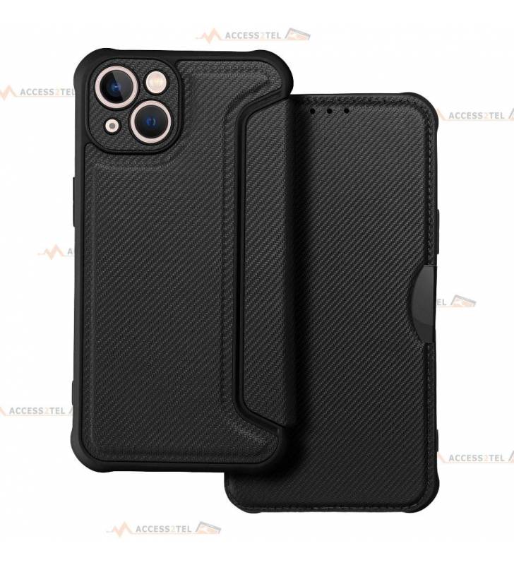 étui renforcé pour iPhone 13 simili cuir effet carbone noir caméra