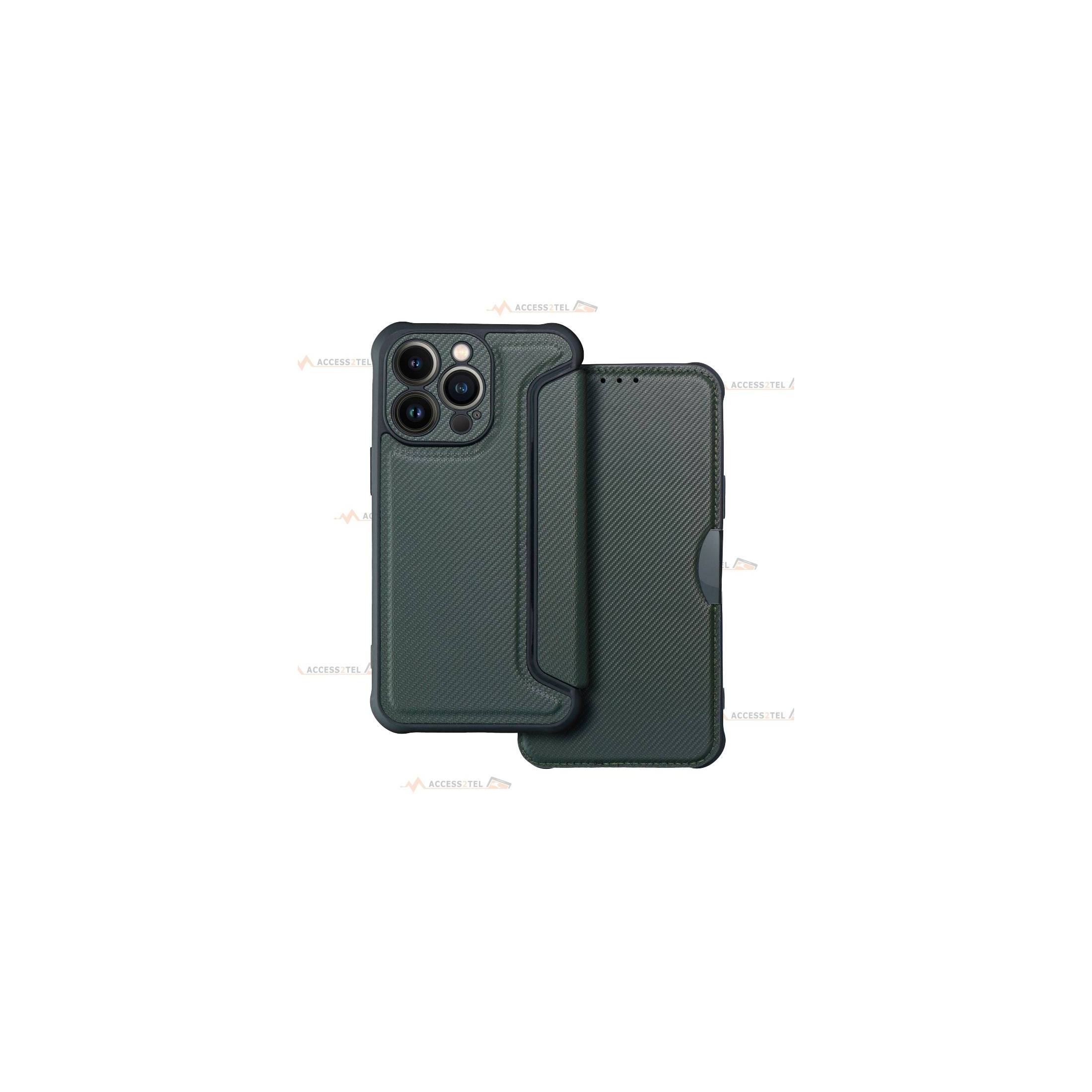 étui renforcé pour iPhone 13 pro simili cuir effet carbone vert kaki caméra