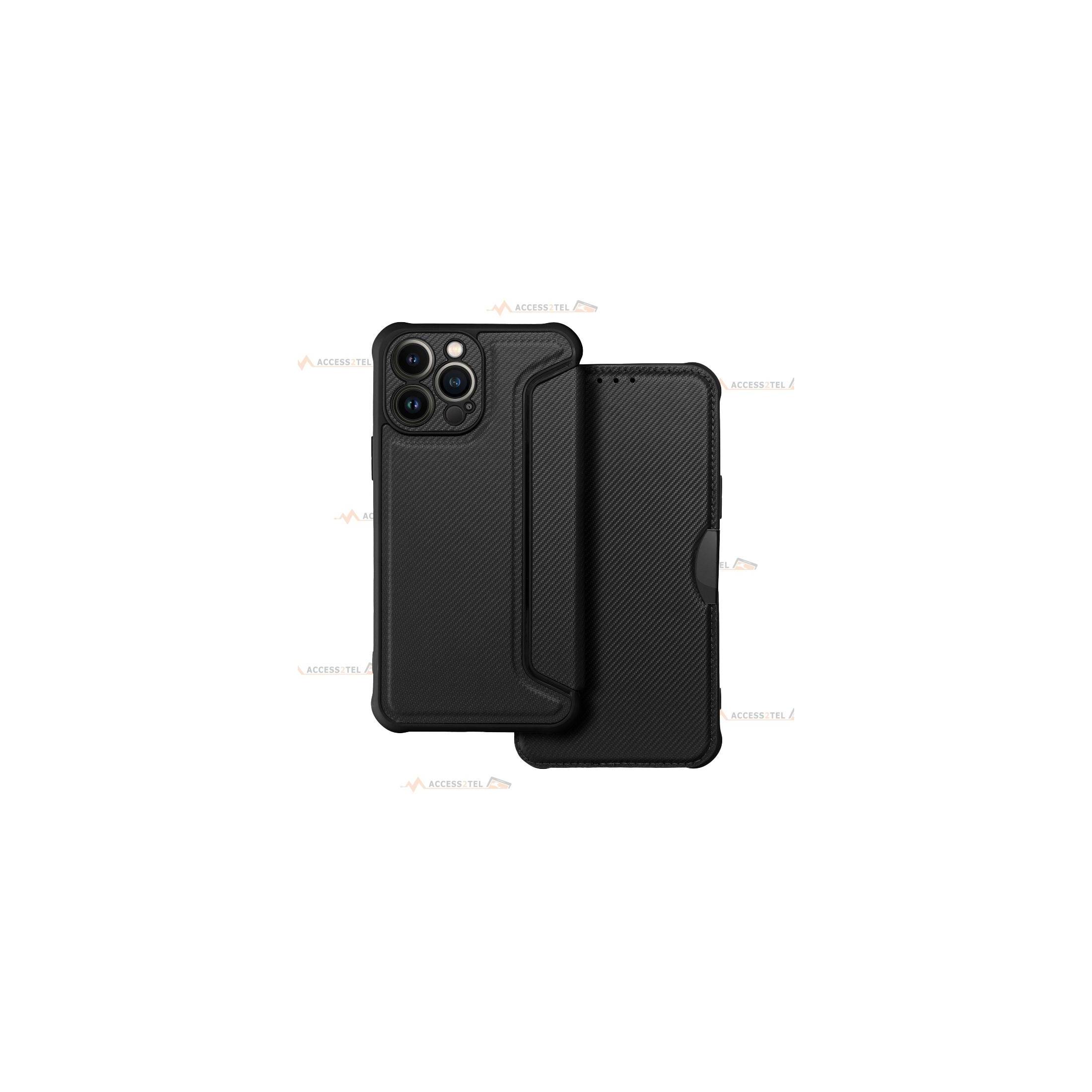 étui renforcé pour iphone 13 pro max simili cuir effet carbone noir caméra