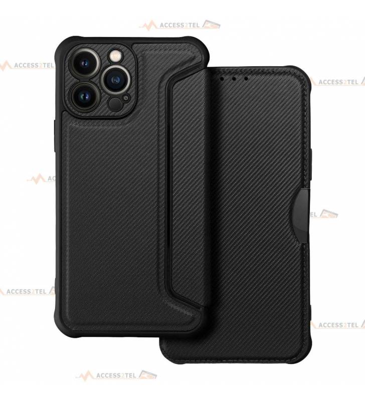 étui renforcé pour iphone 13 pro max simili cuir effet carbone noir caméra