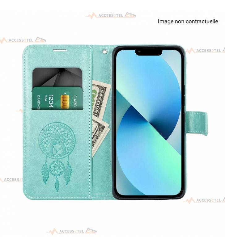 étui pour Samsung galaxy A12 attrape-rêves et hibou vert rangement intérieur