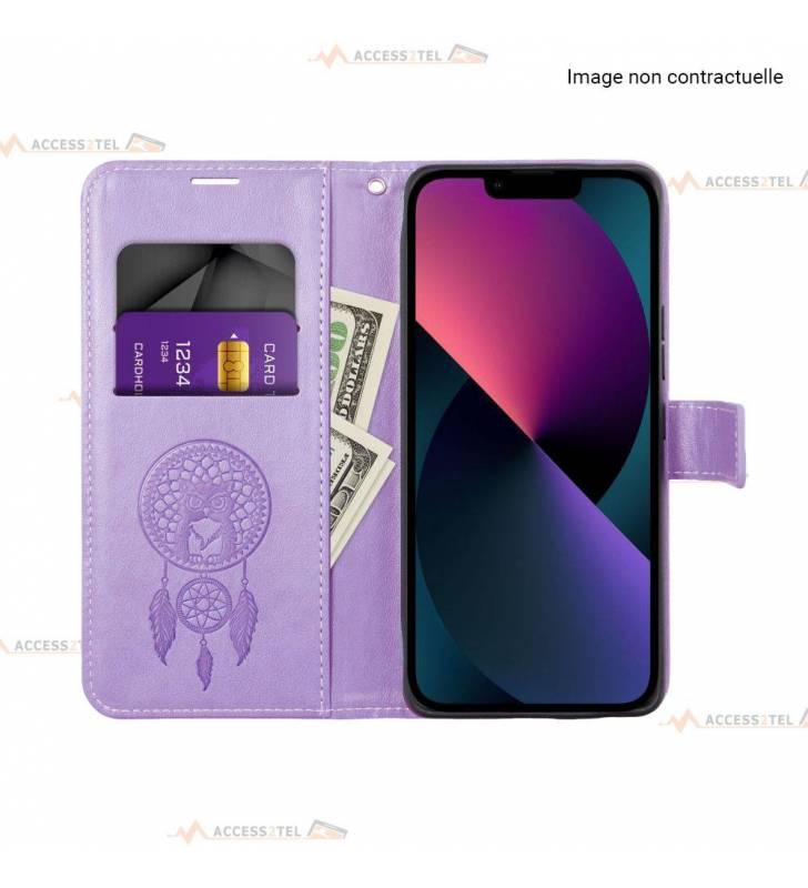 étui pour Samsung galaxy A12 attrape-rêves et hibou violet rangement intérieur