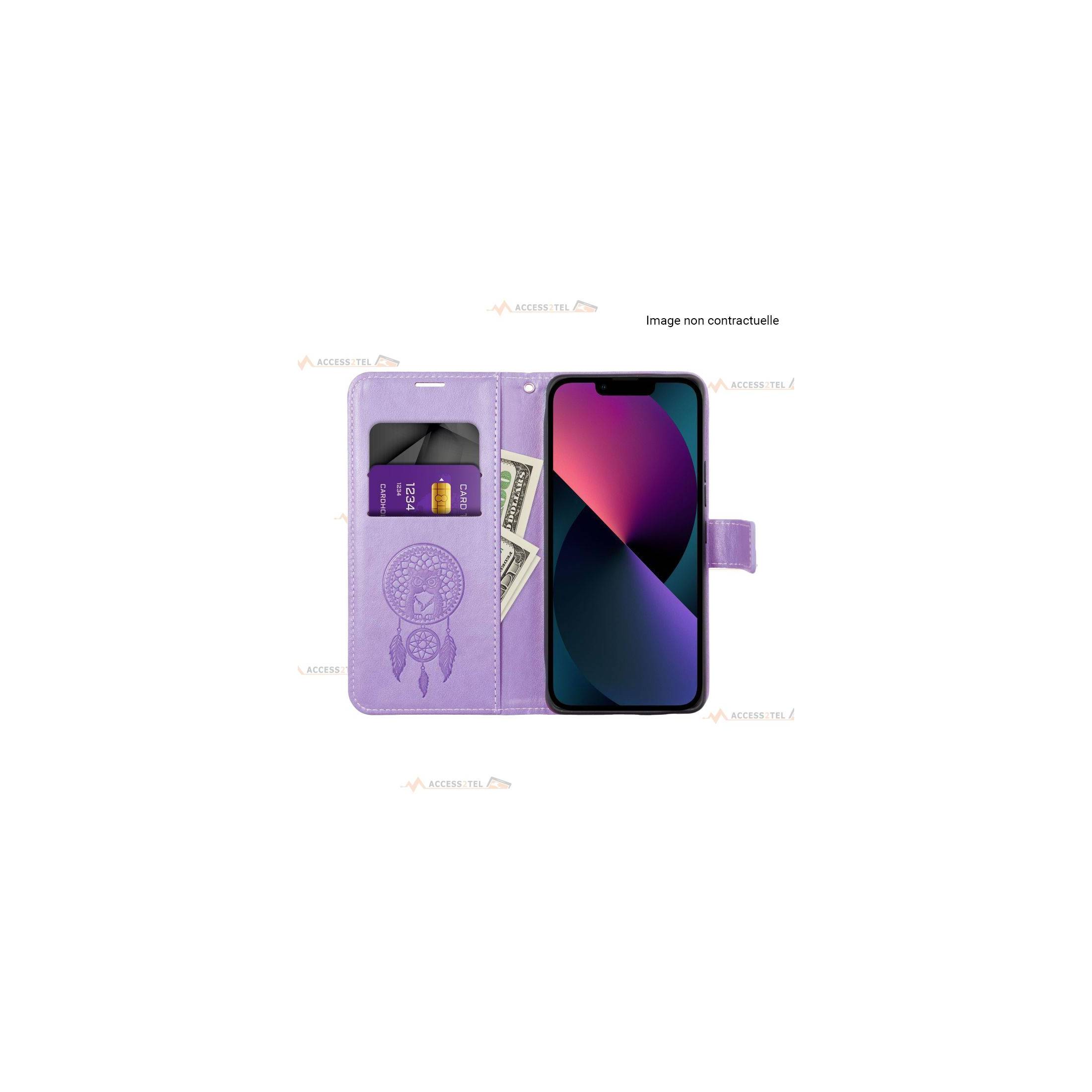 étui pour Samsung Galaxy A22 5G attrape-rêves et hibou violet rangement intérieur