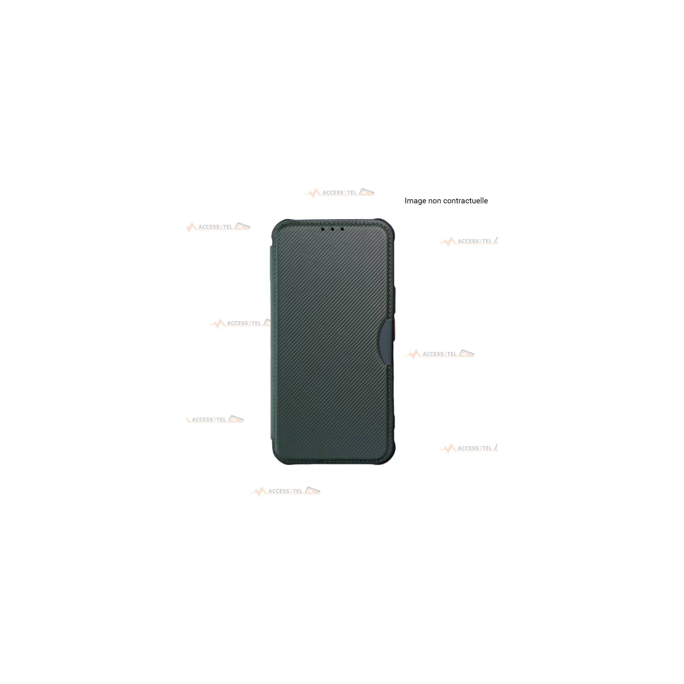 étui renforcé pour Samsung Galaxy A52 simili cuir effet carbone vert kaki