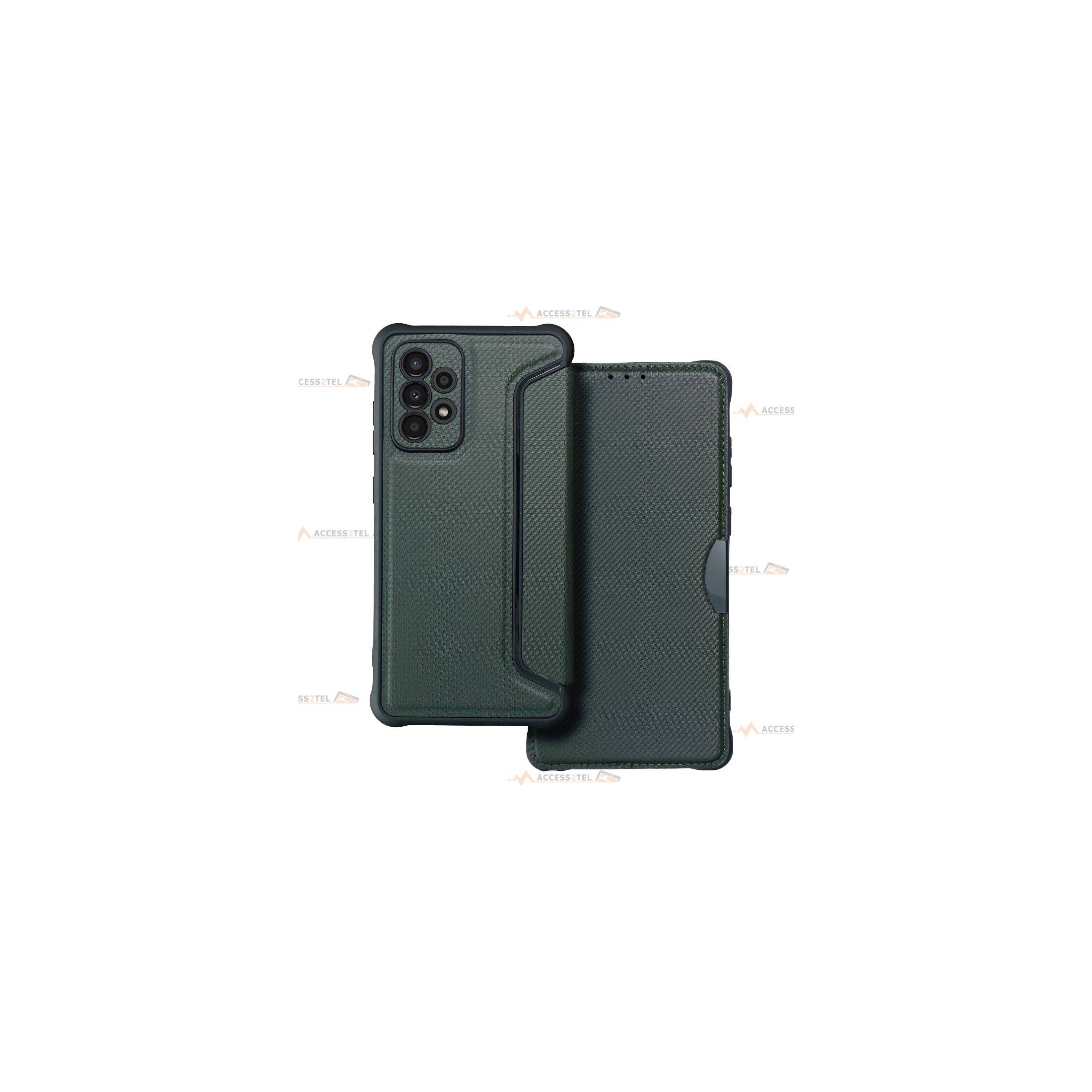 étui renforcé pour Samsung Galaxy A52 simili cuir effet carbone vert kaki caméra
