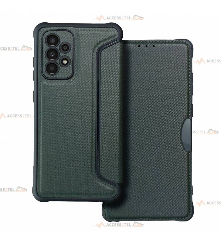 étui renforcé pour Samsung Galaxy A52 simili cuir effet carbone vert kaki caméra