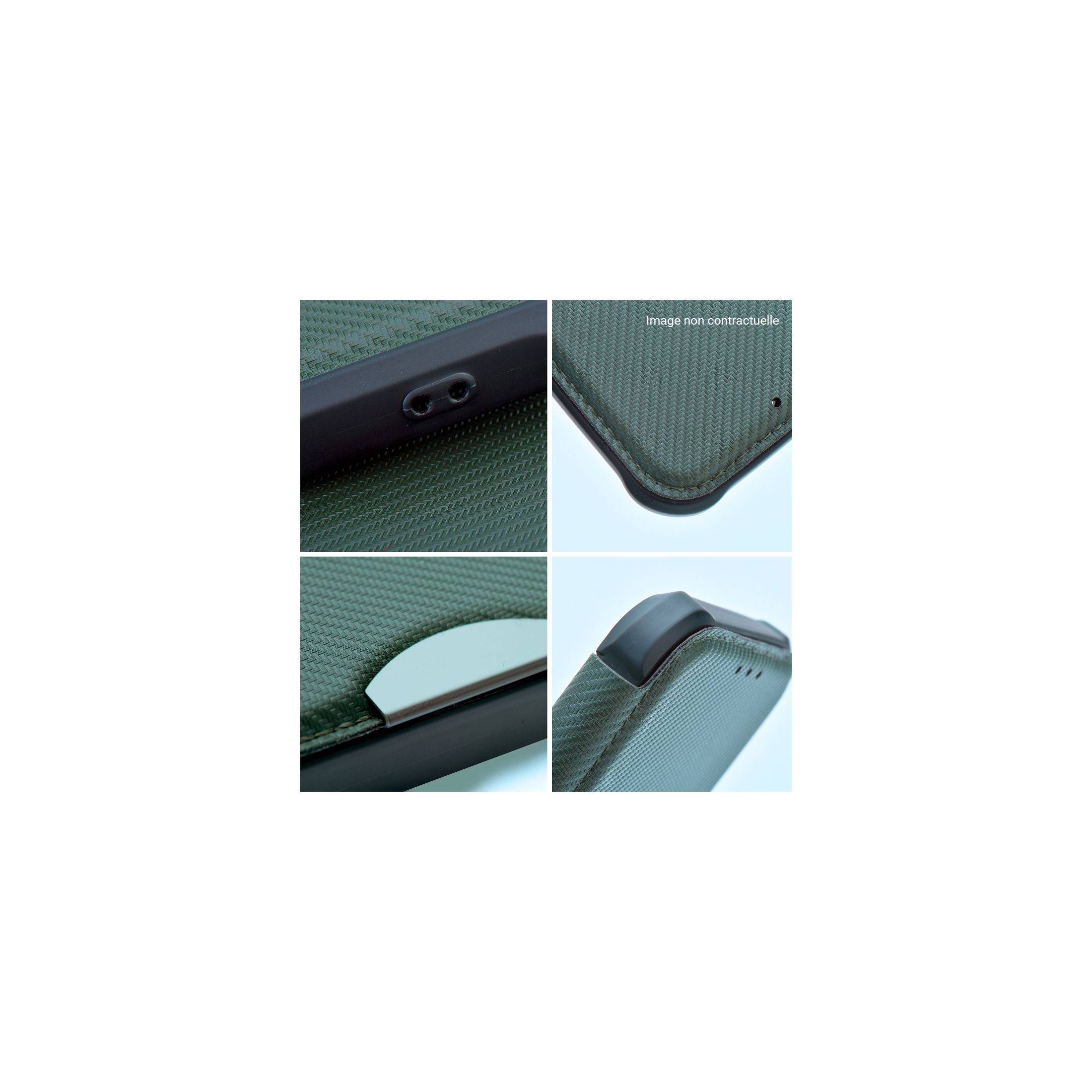étui renforcé pour Samsung Galaxy A52 simili cuir effet carbone vert kaki détails coque