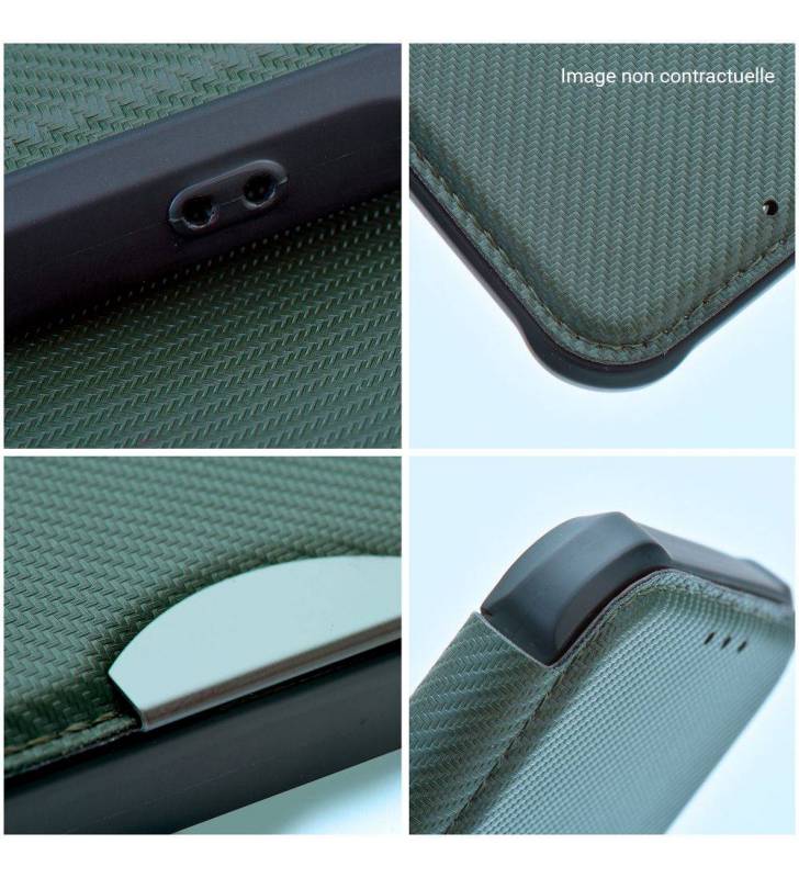 étui renforcé pour Samsung Galaxy A52 simili cuir effet carbone vert kaki détails coque