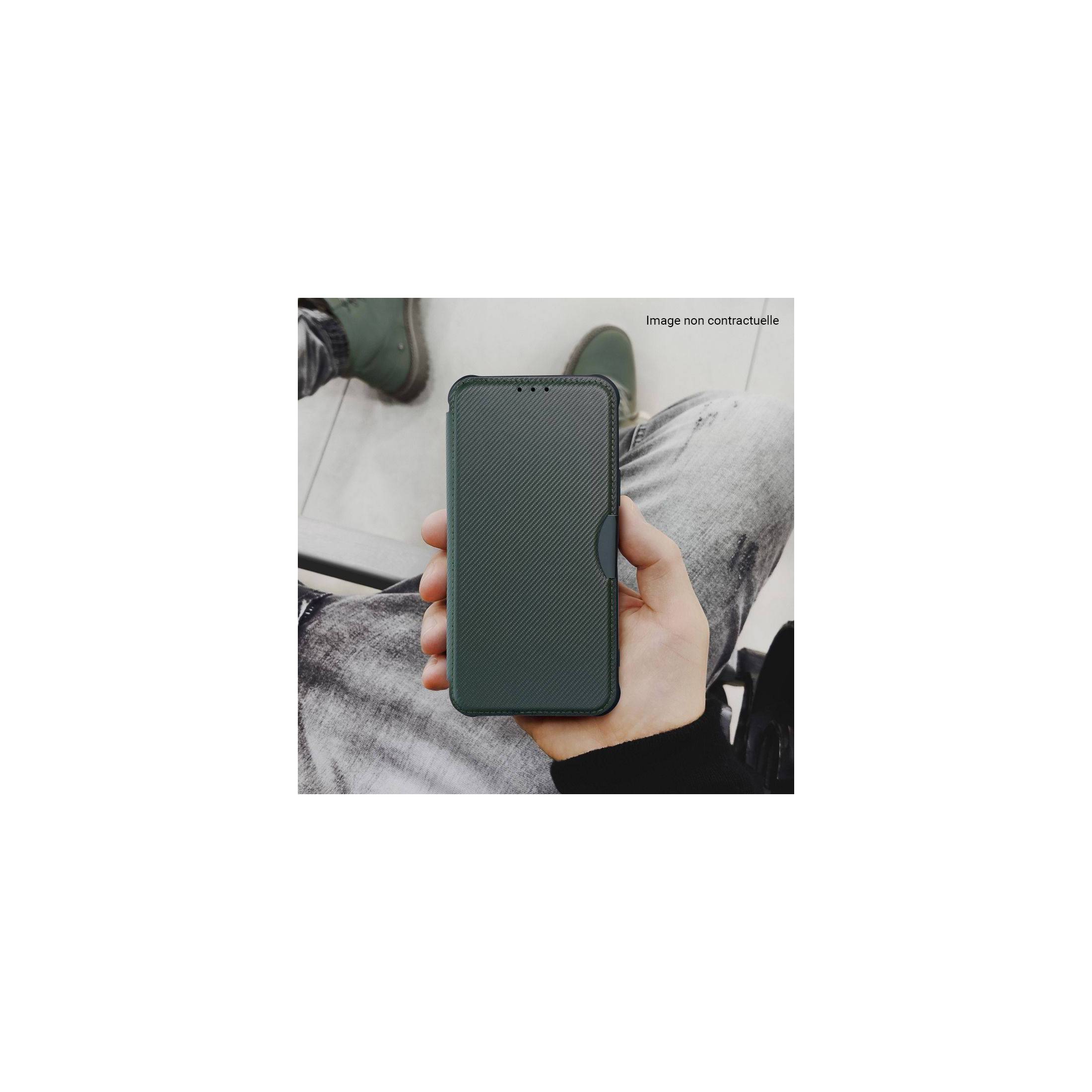 étui renforcé pour Samsung Galaxy A52 simili cuir effet carbone vert kaki tenu