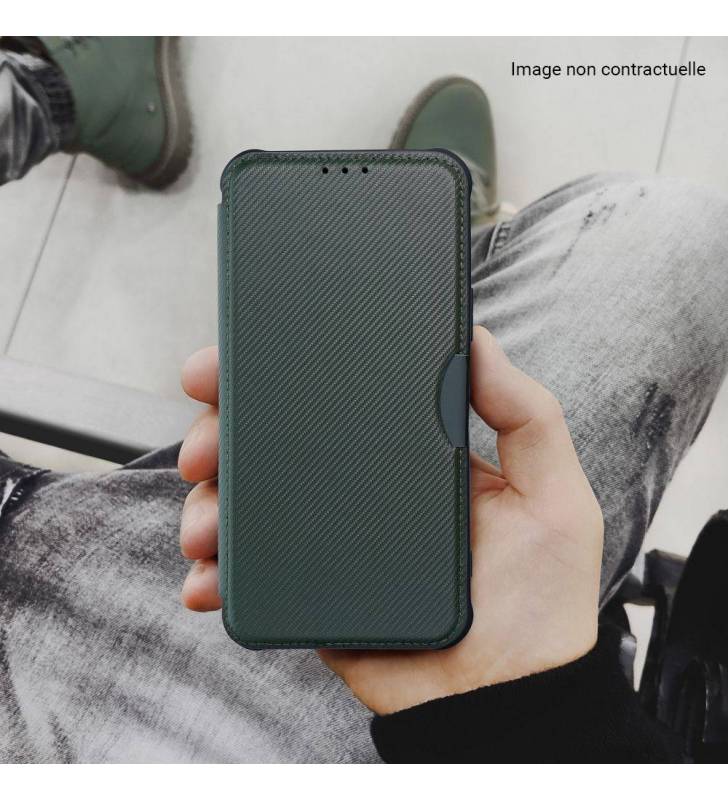 étui renforcé pour Samsung Galaxy A52 simili cuir effet carbone vert kaki tenu