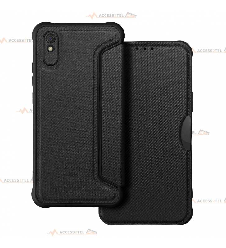 étui renforcé pour Xiaomi Redmi 9A et 9AT simili cuir effet carbone noir caméra