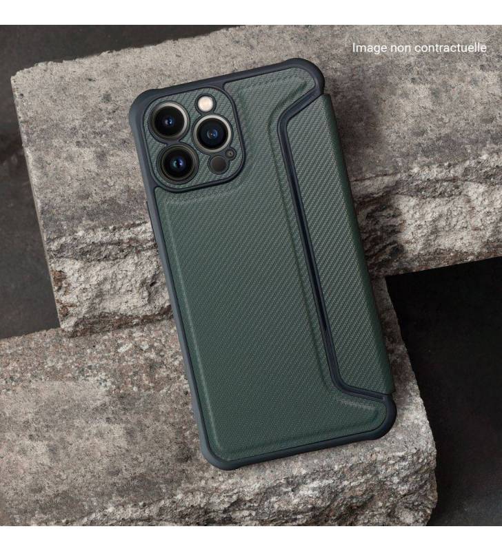 étui renforcé pour Xiaomi Redmi 9A et 9AT simili cuir effet carbone vert kaki béton