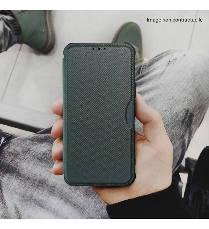 étui renforcé pour Xiaomi Redmi 9A et 9AT simili cuir effet carbone vert kaki tenu