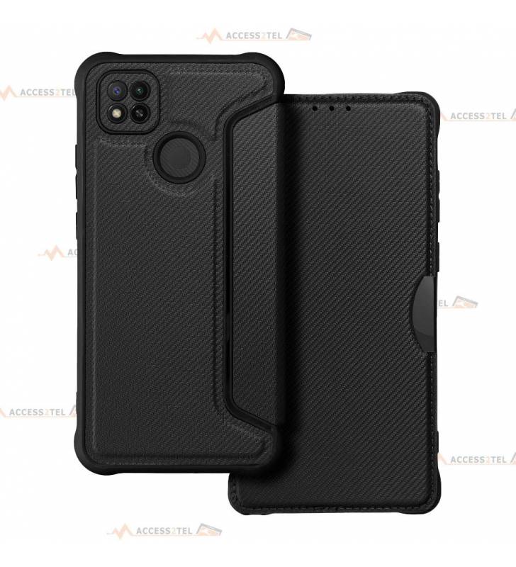 étui renforcé pour Xiaomi Redmi 9C simili cuir effet carbone noir caméra