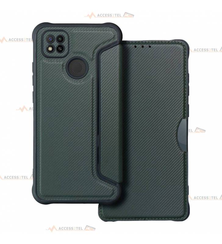 étui renforcé pour Xiaomi Redmi 9C simili cuir effet carbone vert kaki caméra