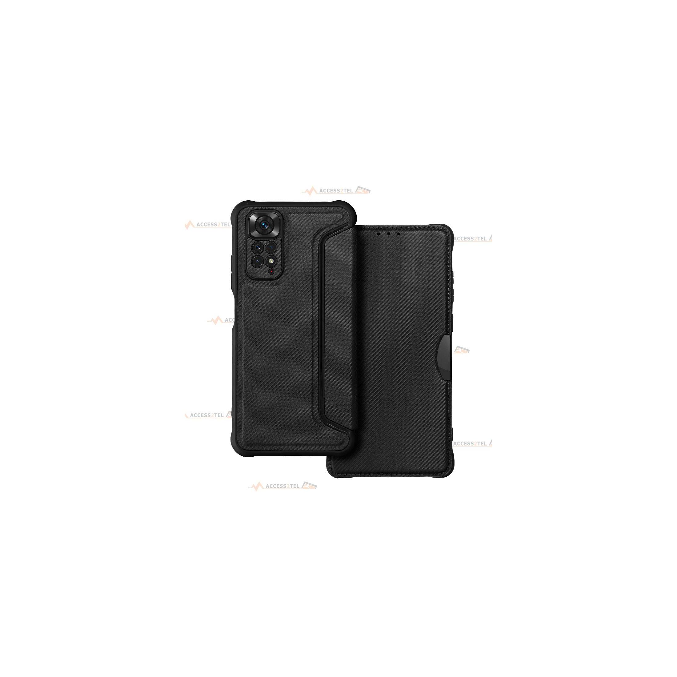 étui renforcé pour Xiaomi Redmi Note 11 et 11S simili cuir effet carbone noir caméra