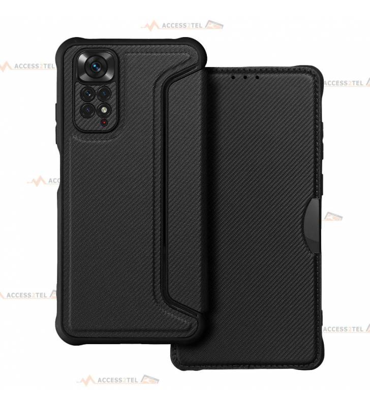 étui renforcé pour Xiaomi Redmi Note 11 et 11S simili cuir effet carbone noir caméra