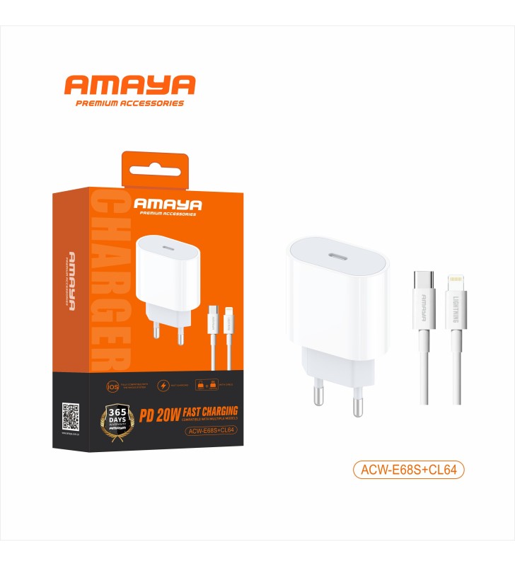 Kit Chargeur iPhone USB-C 20W + Câble Lightning – 1 mètre – Blanc