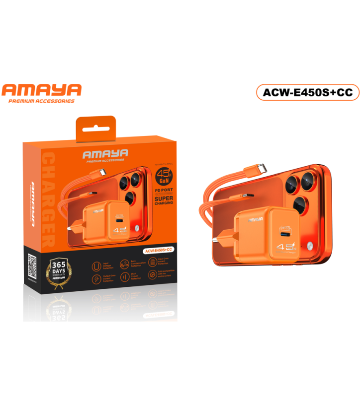 Kit Chargeur USB-C 45W + Câble USB-C – 1 mètre – Orange