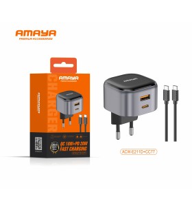 Kit Chargeur Double Port USB-A 18W + USB-C 20W + Câble USB-C – 1 mètre – Noir